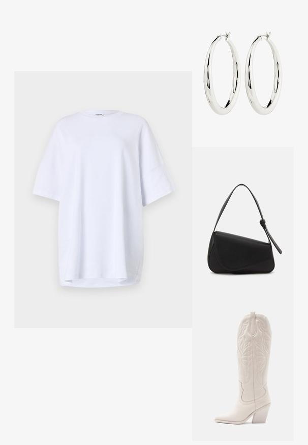 Camiseta blanca de algodón de manga corta y corte oversize. Cuello redondo, aberturas laterales en el dobladillo y textura suave sin patrones o acentos visibles.; Bota vaquera de cuero blanco con punta afilada y tacón bloqueado. Presenta patrones de costura intrincados en el caña y una textura suave.; Bolso de mano de cuero negro con forma triangular, tapa en ángulo y un asa superior redondeada. Presenta una textura suave y detalles de diseño minimalistas.; Pendientes de aro de plata con una superficie lisa y reflectante. Forma redonda y grande con un cierre seguro en la parte superior. El acabado pulido resalta el brillo.