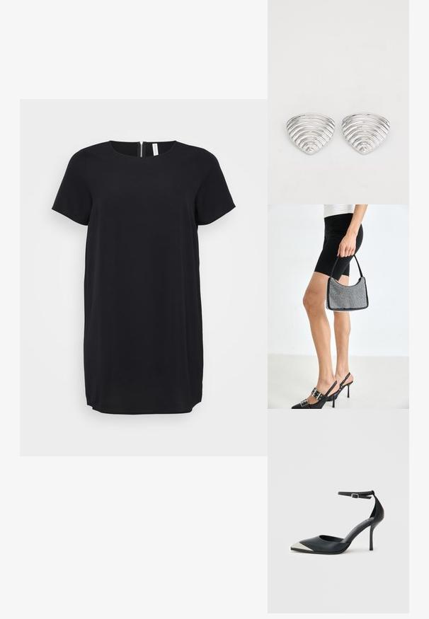 Vestido negro de manga corta con escote redondo y cremallera oculta en la parte trasera. Hecho de una tela suave con corte recto y dobladillo hasta la rodilla.; Zapato de tacón alto negro con punta puntiaguda, puntera metálica plateada y correa al tobillo con cierre de hebilla sobre fondo blanco.; Bolso de cuentas negras con una silueta curva, asa de transporte y textura brillante. Llevado con zapatos de tacón altos negros y pantalones cortos negros ajustados.; Pendientes en tono plateado con un diseño ondulado y texturizado, con forma de media lunas superpuestas; el acabado pulido realza las cualidades reflectantes.