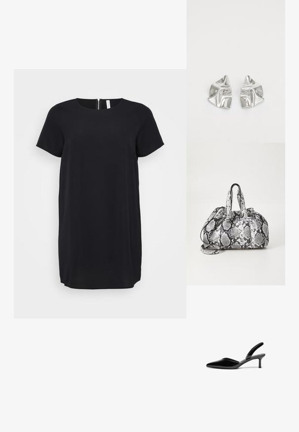 Vestido negro de manga corta con escote redondo y cremallera oculta en la parte trasera. Hecho de una tela suave con corte recto y dobladillo hasta la rodilla.; Tacones slingback de charol negro con punta afilada, tacón de aguja bajo y un diseño elegante y simple sin adornos.; Bolso de mano con patrón de piel de serpiente en blanco y negro, con dos asas, un cierre de cordón y una correa para el hombro desmontable. Textura suave.; Pendientes de metal plateado con un diseño ondulado y escultórico, que presentan un acabado pulido y formas irregulares, destacando una estética contemporánea.
