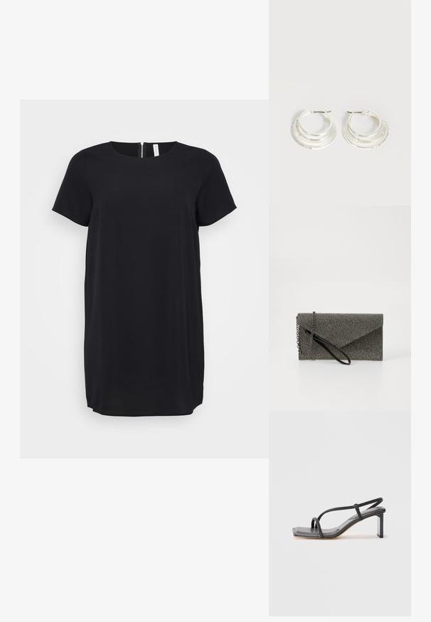 Schwarzes kurzes Kleid mit kurzen Ärmeln und rundem Ausschnitt sowie einem versteckten Reißverschluss auf der Rückseite. Aus glattem Stoff gefertigt, mit geradem Schnitt und knielangem Saum.; Schwarze Sandale mit Riemchen, rechteckiger Zehenpartie und Blockabsatz. Verfügt über dünne, metallische Riemen und eine glatte Ledersohle. Minimalistisches Design.; Metallisch graue Clutch-Tasche mit strukturiertem Mesh-Muster, Kuvert-Design, Kettenriemen und einem eleganten, dünnen Handgelenkriemen.; Silberne Creolen mit drei geschichteten halbkreisförmigen Bändern, eines davon verziert mit kleinen klaren Kristallen auf hellem Hintergrund.