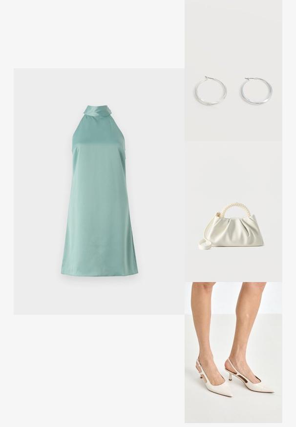 Kätseteta, helesinine kleit kõrge kaelusega ja sileda satäänilaadse tekstuuriga, millel on lihtne siluett ja külgedel lõhikud.; Beesek patentnaha slingback kontsad 5 cm kontsaga, millel on terav nina ja lõigatud külgedega ning õhuke pahkluu rihm.; Väike valge käekott volditud kehaga, pärlitega kaunistatud ümmargune käepide ja eemaldatav õlarihm ühevärvilisel taustal.; Hõbedased metallist rõngakujulised kõrvarõngad, millel on sile, kergelt kaarduv pind ja lukustuvad tagused kinnitused, valgel taustal.