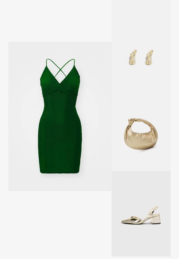 Groene, sprankelende getailleerde jurk met een diepe V-hals en gekruiste bandjes. Gladde textuur, boven de knieën lang en een strakke silhoeët.; Gouden, metalen slingback hakken met een spitse neus en een chunky hak. Glad oppervlak, minimalistisch ontwerp en een smalle band.; Gouden metalen handtas met een gladde, glanzende textuur. Voorzien van een geknoopte handgreep en een ronde, zachte vorm. Ritsluiting aan de bovenkant.; Goudkleurige oorbellen met een getextureerd, gebogen ontwerp en drie heldere edelstenen. Glanzende metalen achterkant aanvul het decoratieve front.