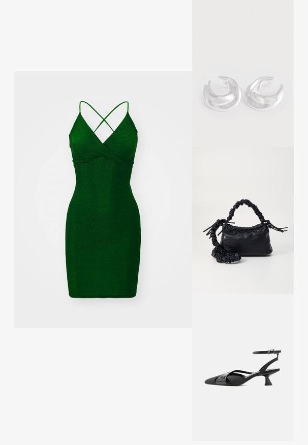 Groene, sprankelende getailleerde jurk met een diepe V-hals en gekruiste bandjes. Gladde textuur, boven de knieën lang en een strakke silhoeët.; Zwarte slingback kittenheel met puntige neus, dunne enkelsluiting en asymmetrische kruisbandjes op witte achtergrond.; Zwarte nepleer handtas met een krokodillenstructuur, opgedroogde bovenkant en een gekreukte hengsel. Het lijkt zacht en compact van ontwerp.; Een paar gepolijste zilveren halvemaanvormige creolen met een glad, reflecterend oppervlak op een witte achtergrond.