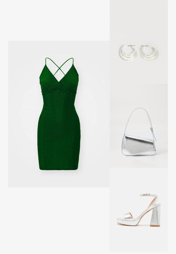 Vestido ajustado verde y con brillo, de escote en V profundo y tirantes entrecruzados. Textura suave, longitud por encima de la rodilla y silueta ajustada.; Sandalias de plataforma plateadas con una tira ancha en la parte delantera, una correa en el tobillo con hebilla y un tacón grueso. Acabado metálico suave y diseño de suela plana.; Bolso de mano metálico plateado con forma triangular, textura suave y una fina correa de hombro ajustable. Presenta un diseño plegable con costuras.; Pendientes de aro de plata con tres bandas semicirculares superpuestas, una adornada con pequeños cristales transparentes sobre un fondo claro.
