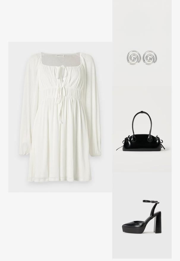 Robe mini blanche à manches longues avec encolure carrée, bustier et taille froncés, et deux liens à l'avant pour ajustement.; Escarpins noirs à plateforme avec un bout pointu et une sangle réglable à la cheville. Conçus en cuir lisse, avec un large talon bloc.; Petit sac à main noir brillant avec deux longues anses et des détails à cordon sur les côtés sur un fond clair uni.; Paire de boucles d'oreilles en forme d'anneau spirale en argent avec un design lisse et arrondi sur fond blanc uni.