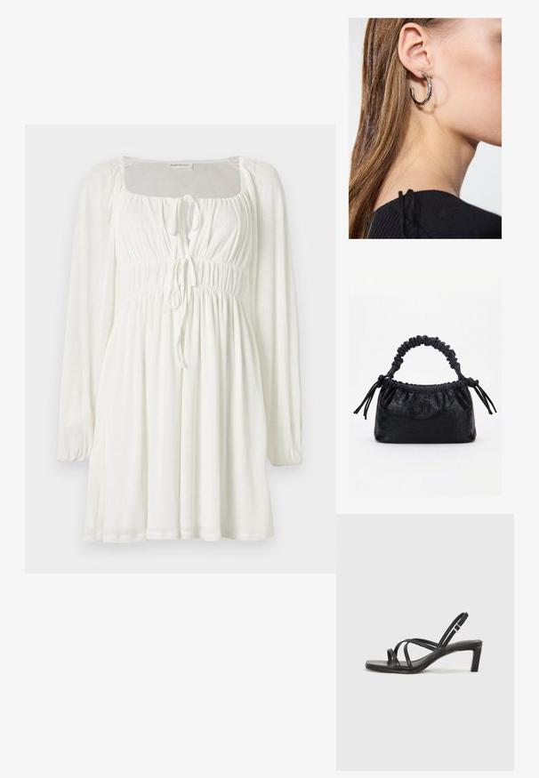 Robe mini blanche à manches longues avec encolure carrée, bustier et taille froncés, et deux liens à l'avant pour ajustement.; Sandale noire à lanières avec un bout carré et un petit talon bloc. Elle présente plusieurs fines lanières et une sangle de cheville ajustable. Fabriquée en cuir lisse.; Sac à main noir avec texture crocodile, bord supérieur froncé, poignée plissée et pompons à cordon de chaque côté sur fond blanc.; Boucle d'oreille en argent avec une finition polie, présentant de petits détails en or et de forme ronde, portée sur le lobe.