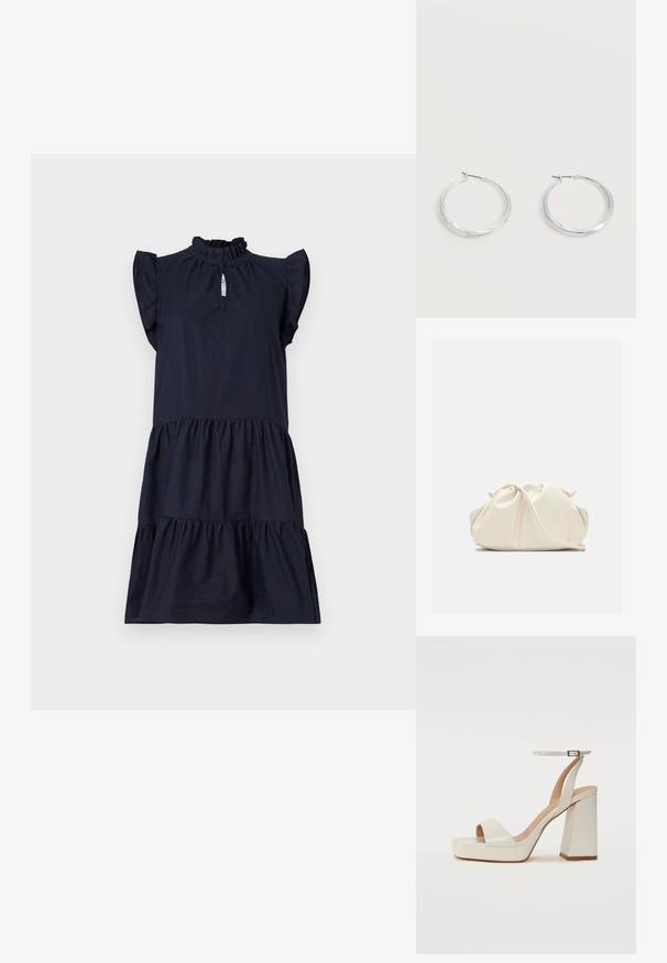Un vestido azul marino hecho de una tela ligera, que presenta un escote con volantes y mangas cortas con un diseño de capas en el dobladillo.; Sandalias de plataforma de cuero blanco con una amplia tira en la parte delantera, tira ajustable en el tobillo y un tacón cuadrado grueso. Textura suave y diseño minimalista.; Bolso de mano de cuero suave de color crema con diseño fruncido y plisado y una delgada correa para el hombro que descansa delante sobre un fondo liso.; Pendientes de aro de metal plateado con superficie lisa y ligeramente curvada y cierre de tipo mosquetón sobre un fondo blanco liso.
