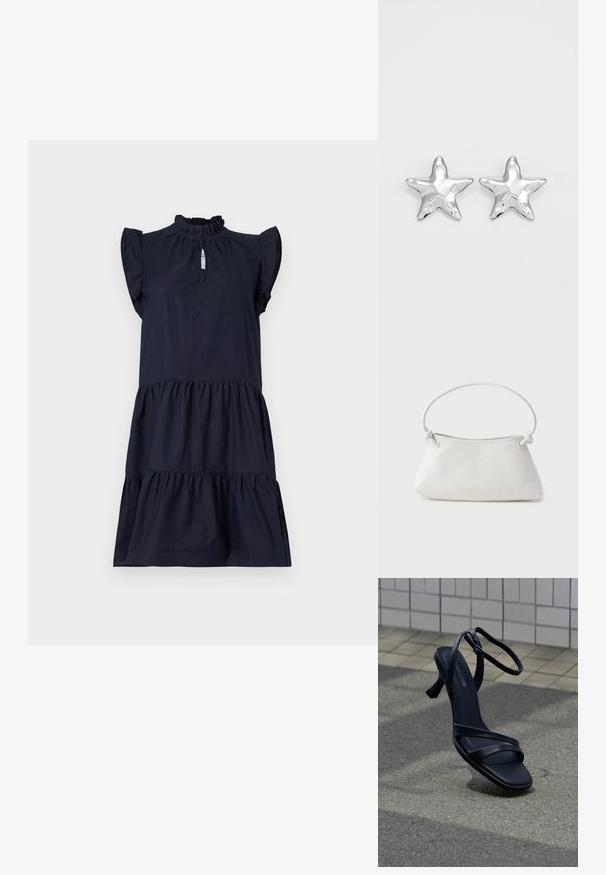 Un vestido azul marino hecho de una tela ligera, que presenta un escote con volantes y mangas cortas con un diseño de capas en el dobladillo.; Sandalia negra de tacón alto con tiras y hebilla en el tobillo flotando sobre un pavimento gris texturizado con fondo de pared de azulejos.; Bolso de mano de cuero blanco tejido con asa redondeada y extremos de la correa anudados, exhibido sobre un fondo liso.; Pendientes en forma de estrella plateada con una superficie pulida y brillante. Cada pendiente presenta cinco puntas y sutiles detalles de textura en la superficie.