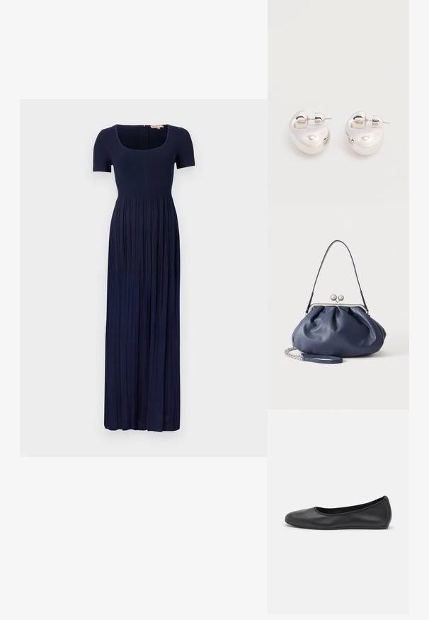 Vestido maxi de canalé azul marino con mangas cortas, escote cuadrado y falda plisada. Cuenta con un cierre de cremallera en la parte posterior.; Bailarina de piel negra con punta redondeada, textura suave, detalle de costura minimalista y diseño de suela flexible.; Bolso de mano de cuero azul marino suave con cierre de broche plateado, una correa de hombro y correa de cadena desmontable para la muñeca sobre fondo blanco.; Par de pendientes llamativos de aro grueso plateado brillante con cierre de poste sobre un fondo blanco liso.
