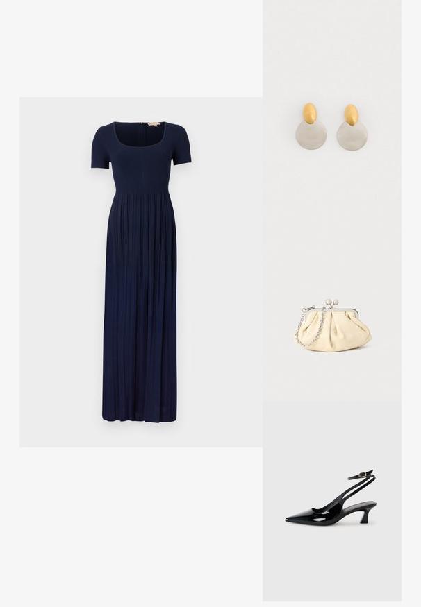 Vestido maxi de canalé azul marino con mangas cortas, escote cuadrado y falda plisada. Cuenta con un cierre de cremallera en la parte posterior.; Zapatos de tacón de charol negro con punta afilada, tacón bajo tipo bloque y correa ajustable en el tobillo con un hebilla dorada.; Clutch de cuero beige plisado con un marco de metal plateado, que cuenta con dos broches decorativos redondos y una correa de cadena plateada.; Pendientes de metal dorado y plateado con base de disco redondo y pieza superior ovalada, textura suave y acabado pulido.