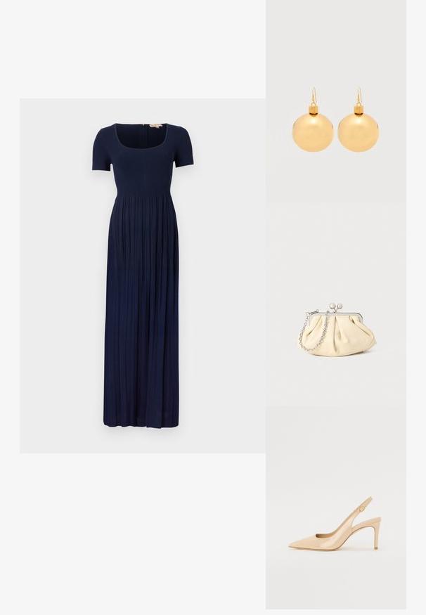 Mørkeblå ribbet maxikjole med korte ærmer, firkantet halsudskæring og plisseret skirt. Har en lynlås lukning bagtil.; Nude patenteret læder slingback hæl med spidse tæer, åben vamp og en tynd stiletto hæl. Har et cirkulært guldfarvet element på remmen.; Plisseret beige læderclutch med en sølvmetalramme, der har to runde dekorative låse og en sølvkædetrasporte.; Par af skinnende gyldne julekugleøreringe med krog-lukninger på en ensfarvet hvid baggrund.