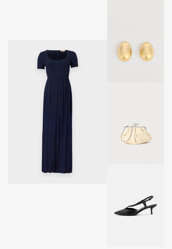 Navyblauwe geribbelde maxi-jurk met korte mouwen, vierkante halslijn en geplooide rok. Voorzien van een ritssluiting aan de achterkant.; Zwarte leren slingback kittenheels met puntige neus, smalle T-strap, verstelbare gesp en kleine gouden versiering op het bandje.; Geplooide beige leren clutch met een zilveren metalen frame, voorzien van twee ronde decoratieve sluitingen en een zilveren kettingriem.; Paar gladde, glanzende gouden ovale studs met een reflecterend oppervlak op een witte achtergrond.