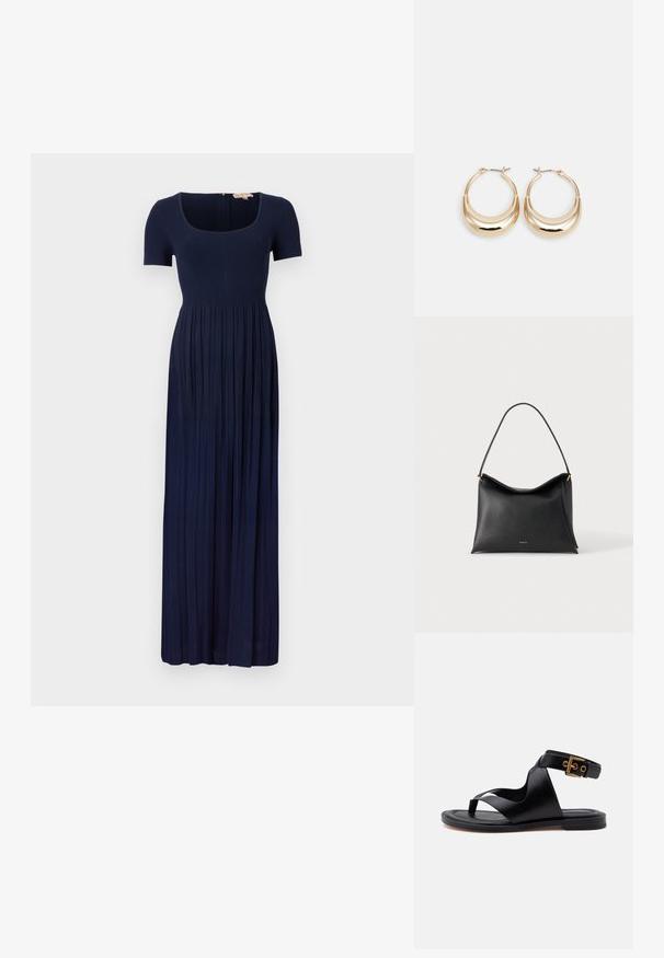 Navyblaues, geripptes Maxikleid mit kurzen Ärmeln, quadratischer Ausschnitt und gefälteltem Rock. Verfügt über einen Reißverschluss im Rücken.; Schwarze flache Sandale mit Zehenriemen, breiten ledernen Kreuzriemen und einem Knöchelriemen mit goldfarbenem Schnallenverschluss.; Schwarze Ledertasche mit einem einzelnen Riemen und kleinem goldenem Markenlogo auf schlichtem hellem Hintergrund.; Goldfarbene Creolen mit einer Halbmondform, polierter Oberfläche und Scharnierverschluss. Die glatte Textur und der reflektierende Finish verbessern die Sichtbarkeit.