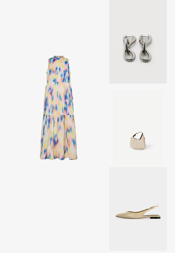 Mouwloze jurk tot de enkel van lichtgewicht stof, met een meerkleurig tie-dye patroon in tinten roze, blauw en geel.; Beige platte slingback schoen met puntige neus, lage zwarte hak en een glad leren afwerking, zijaanzicht op een effen achtergrond.; Beige leren handtas in halvemaanvorm met een enkele schouderband en minimale stiksels, afgebeeld tegen een effen witte achtergrond.; Set zilverkleurige metalen oorbellen met een abstract ontwerp van in elkaar grijpende lussen op een witte achtergrond.