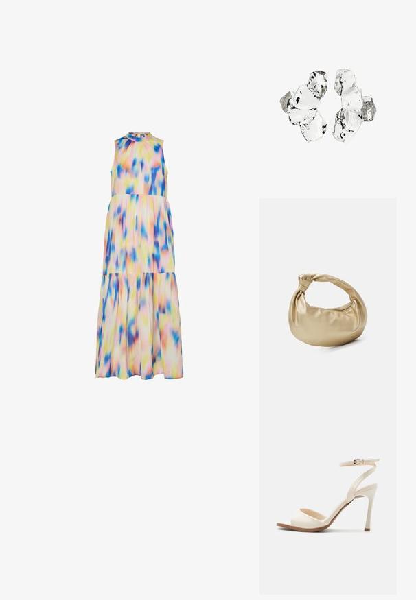 Mouwloze jurk tot de enkel van lichtgewicht stof, met een meerkleurig tie-dye patroon in tinten roze, blauw en geel.; Beige sandaal met hoge hak, dunne enkelband met gouden gesp, open teen en slanke naaldhak op een witte achtergrond.; Gouden metalen handtas met een gladde, glanzende textuur. Voorzien van een geknoopte handgreep en een ronde, zachte vorm. Ritsluiting aan de bovenkant.; Cluster van zes onregelmatig gevormde, doorschijnende en reflecterende glasachtige stukken die zijn gerangschikt op een witte achtergrond.