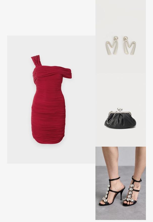 Rode, een-schouder jurk met een bodycon pasvorm, heeft textuur ruching over het geheel en een geplooide schouderdetail, wat een gedrapeerd effect creëert.; Zwarte hoge hakken sandalen met satijnen banden en grote ronde strassaccenten langs de boog en enkel, open teen ontwerp.; Zwarte leren clutch met geplooide textuur, zilverkleurig metalen frame, drukknopsluiting en kettingriem. Glad, zacht oppervlak.; Paar zilverkleurige metalen oorbellen in de vorm van een hoekige letter M met afgeronde stekers op een witte achtergrond.
