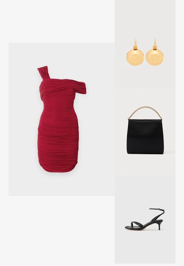 Rode, een-schouder jurk met een bodycon pasvorm, heeft textuur ruching over het geheel en een geplooide schouderdetail, wat een gedrapeerd effect creëert.; Zwarte leren dames sandaal met dunne bandjes, een teengreep, een enkelgesp en een stilettohak van gemiddelde hoogte op een neutrale achtergrond.; Zwarte tas van gladde stof met een gestructureerde vorm, een handvat van gouden ketting en een minimalistisch geometrisch ontwerp.; Een paar glanzende gouden kerstbal-oorbellen met haaksluitingen op een effen witte achtergrond.