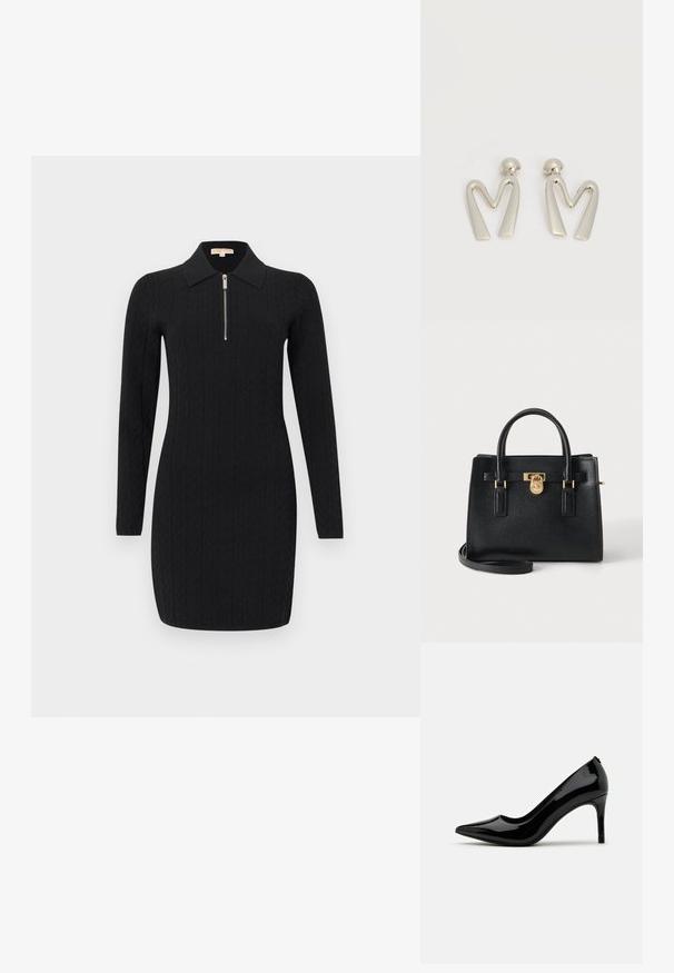 Robe noire à manches longues en maille avec des motifs verticaux texturés, un col et une demi-fermeture éclair à l'avant.; Pump à talon haut en cuir verni noir avec un bout pointu et une silhouette épurée, présentant une texture lisse et un design minimaliste.; Sac à main en cuir noir texturé avec deux poignées, détail verrou doré et bandoulière amovible sur un fond clair uni.; Paire de boucles d'oreilles en métal argenté en forme de lettre M angulaire avec des tiges arrondies sur fond blanc.