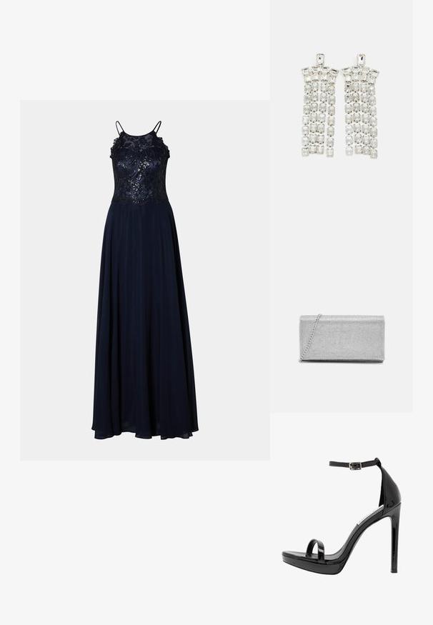 Navy Abendkleid mit einem taillierten Spitzenoberteil, aufwendiger Stickerei und einem fließenden Rock. Verfügt über dünne Träger und eine glatte Textur.; Steve Madden MILANO - High Heel Sandalette - black; Silberne metallische Clutch-Tasche mit gewebtem Mesh-Design, rechteckiger Form und einer Kettenriemen zum Tragen. Glatte Textur und polierte Oberfläche.; Kristall-Tropfenohrringe mit silberfarbener Hardware, die mit mehreren rechteckigen und quadratischen Edelsteinen in kaskadierenden Reihen angeordnet sind.