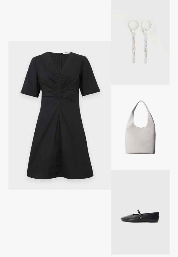 Robe courte noire à manches courtes avec un col en V, un devant froncé et une fermeture éclair au dos ; longueur au genou avec un corsage ajusté et une jupe évasée.; Ballerines noires en cuir avec un bout pointu, une semelle plate et une petite sangle avec un détail de boucle en argent.; Sac fourre-tout en cuir blanc avec une bandoulière unique, texture douce et logo discret Calvin Klein près du centre en bas.; Boucles d'oreilles pendantes en argent avec des cristaux clairs rectangulaires et ronds alignés verticalement, sécurisées par des fermoirs à levier.