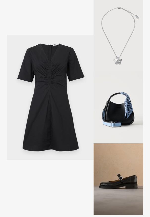 Robe courte noire à manches courtes avec un col en V, un devant froncé et une fermeture éclair au dos ; longueur au genou avec un corsage ajusté et une jupe évasée.; Chaussure Mary Jane en cuir rouge avec motifs perforés et boucle argentée, présentée en suspension au-dessus d'une surface beige texturée.; Sac à main texturé noir avec poignée courte enveloppée d'une écharpe bleue à motifs, bandoulière détachable bleue et blanche réglable posée devant.; Collier chaîne en argent avec pendentif fleur à cinq pétales poli et petite étiquette rectangulaire de marque près du fermoir.