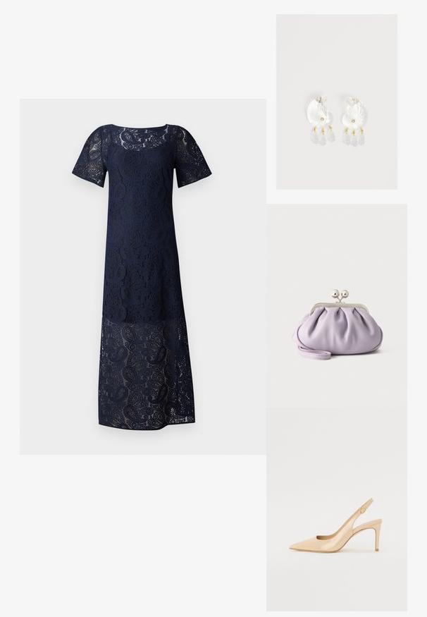 Navyblaues Spitzenkleid mit gerader Silhouette, kurzen Ärmeln und floralem Muster, das am Saum einen transparenten Abschluss aufweist.; Nude patentleder Slingback-Absatzschuh mit spitzer Zehenpartie, offenem Vorderblatt und dünnem Stiletto-Absatz. Verfügt über ein kreisförmiges goldfarbenes Akzent auf dem Riemen.; Weiche Lavendel-Clutch mit gerafftem Stoff, silbernem Kiss-Lock-Verschluss und passendem Handgelenksriemen auf hellem einfarbigem Hintergrund.; Klare Harz-Ohrringe in Muschelform mit kleinen goldenen Akzenten und drei hängenden durchsichtigen tropfenförmigen Anhängern an jedem Ohrring.