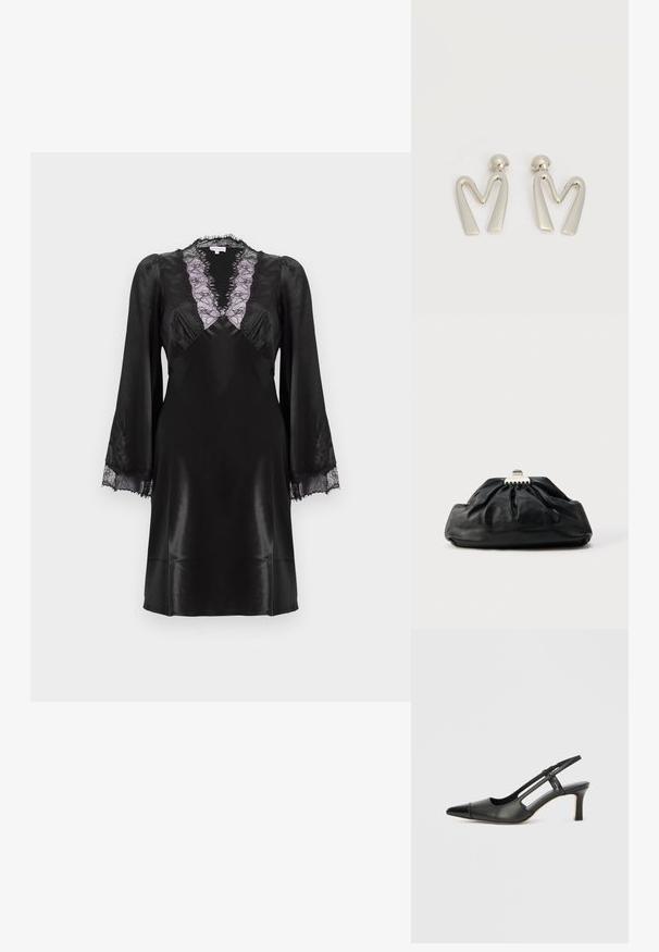 Schwarzes Satin-Kleid mit einem tiefen V-Ausschnitt und lavendelfarbenem Spitzenbesatz, langen Ärmeln mit Spitzenakzenten an den Manschetten und einer glatten, eleganten Oberfläche.; Schwarzer Slingback-Schuh aus Leder mit spitz zulaufender Zehenpartie, versehen mit glänzendem Akzent auf der Vorderkappe und mittelhohem Absatz. Offenes Seitendesign.; Schwarze Leder-Clutch mit geraffter Textur, Metallverschluss und dezentem, auf der Vorderseite geprägtem Logo. Abgerundete Form.; Paar silberfarbene Metallohrringe in Form des kantigen Buchstabens M mit abgerundeten Stegen auf weißem Hintergrund.
