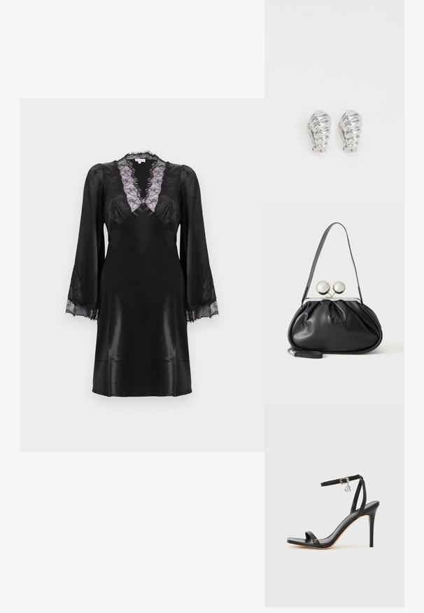 Schwarzes Satin-Kleid mit einem tiefen V-Ausschnitt und lavendelfarbenem Spitzenbesatz, langen Ärmeln mit Spitzenakzenten an den Manschetten und einer glatten, eleganten Oberfläche.; Schwarze High-Heel-Sandale mit schmalem Knöchelriemen, quadratischer Zehenbox, glattem Leder und metallischem Schnallenakzent.; Schwarze Ledertasche mit gerafftem Design, einem einzelnen Riemen, silbernem Metallrahmen und zwei großen runden silbernen Verschlüssen.; Silberne Clip-On-Ohringe mit spiralförmigem Design, das eine glatte metallische Textur und abgerundete Formen aufweist. Keine sichtbaren Verzierungen oder Muster.