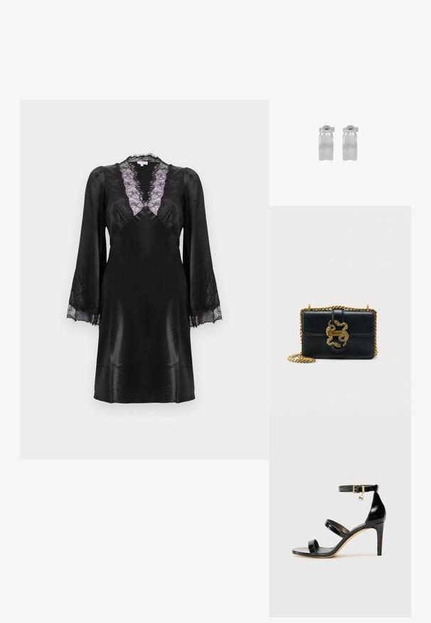 Schwarzes Satin-Kleid mit einem tiefen V-Ausschnitt und lavendelfarbenem Spitzenbesatz, langen Ärmeln mit Spitzenakzenten an den Manschetten und einer glatten, eleganten Oberfläche.; Schwarze Lackleder-Sandale mit drei Riemen, Knöchelriemen und 10 cm hohen Stiletto-Absatz. Verfügt über goldfarbene Hardware-Details und ein Logo-Charm.; Schwarze Leder-Umhängetasche mit goldener, gedrehter Kettenriemen und kunstvollem goldfarbenem Schlangenverschluss vor hellem, einfarbigem Hintergrund.; Paar polierte silberne Creolen mit glatter, leicht gebogener Oberfläche und Schmetterlingsverschluss, auf weißem Hintergrund dargestellt.