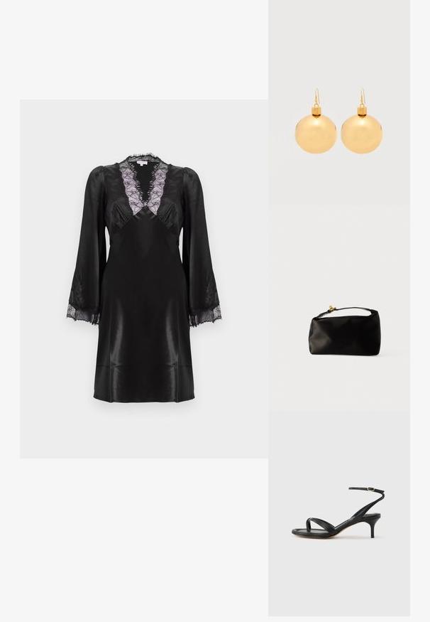 Sort satin kjole med en dyb V-hals og lavendelblonder, lange ærmer med blonde detaljer ved manchetterne og en glat, elegant finish.; Sort damesandal i læder med tynde remme, en tå-loop, ankelspænde og en mellemhøj stiletthæl på en neutral baggrund.; Sort satinpung med en afrundet form, et håndtag i toppen og en guldaccentlås. Glat tekstur med et minimalistisk design.; Par af skinnende gyldne julekugleøreringe med krog-lukninger på en ensfarvet hvid baggrund.