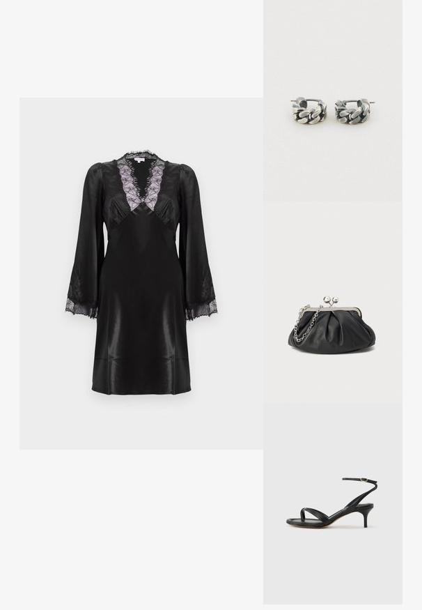 Robe en satin noir avec un décolleté en V profond orné de dentelle lavande, des manches longues avec des accents en dentelle aux poignets, et une finition lisse et élégante.; Sandale pour femme en cuir noir avec fines lanières, une boucle d'orteil, une boucle à la cheville et un talon aiguille de hauteur moyenne sur un fond neutre.; Porte-monnaie en cuir noir avec texture froncée, cadre en métal argenté, fermeture à verrouillage kiss-lock et bandoulière en chaîne. Surface lisse et douce.; Boucles d'oreilles créoles argentées avec un design de maillon de chaîne texturé. Les boucles sont arrondies avec une finition mate et se ferment par une attache à tige.