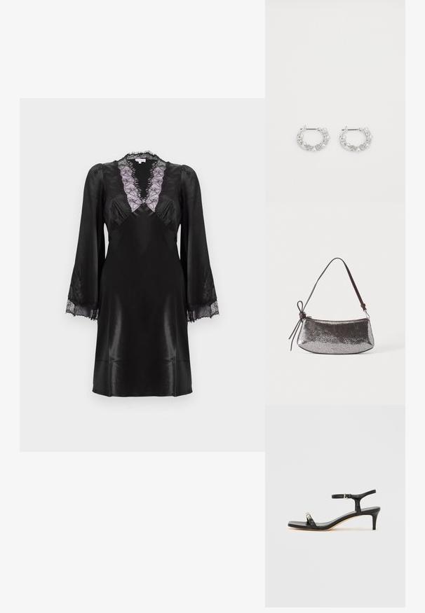 Robe en satin noir avec un décolleté en V profond orné de dentelle lavande, des manches longues avec des accents en dentelle aux poignets, et une finition lisse et élégante.; Sandale noire en cuir à talon avec bride à la cheville, bout ouvert, devant carré et accent en métal argenté. Design ajusté avec un profil élégant.; Petit sac à main argenté métallique avec une surface texturée, une courte sangle marron foncé et un nœud décoratif noué d'un côté.; Boucles d'oreilles en argent en forme de créoles avec des accents de perles et de cristaux, présentant une surface texturée et une fermeture à tige sécurisée.