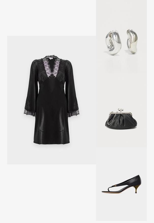 Robe en satin noir avec un décolleté en V profond orné de dentelle lavande, des manches longues avec des accents en dentelle aux poignets, et une finition lisse et élégante.; Sandale à talon kitten en cuir noir avec fine bride sur les orteils et détail d'emblème doré sur le côté.; Porte-monnaie en cuir noir avec texture froncée, cadre en métal argenté, fermeture à verrouillage kiss-lock et bandoulière en chaîne. Surface lisse et douce.; Boucles d'oreilles sculpturales en argent avec des formes douces et courbes et des surfaces réfléchissantes. Présentent un design de boucle fermée et une forme organique distincte.