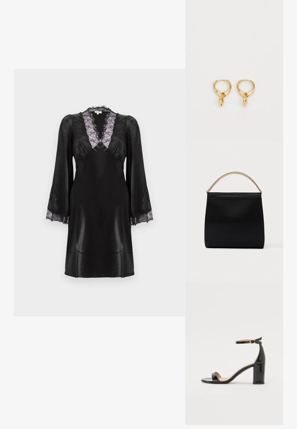 Robe en satin noir avec un décolleté en V profond orné de dentelle lavande, des manches longues avec des accents en dentelle aux poignets, et une finition lisse et élégante.; Sandale à talon haut en cuir verni noir avec bride à la cheville et boucle dorée, bout ouvert et talon bloc sur fond blanc.; Sac noir en tissu lisse, présentant une forme structurée, une poignée en chaîne dorée et un design géométrique minimaliste.; Boucles d'oreilles en or avec une finition métallique lisse, ornées d'un charme en forme de goutte suspendu à chaque anneau. Design simple avec une texture brillante.