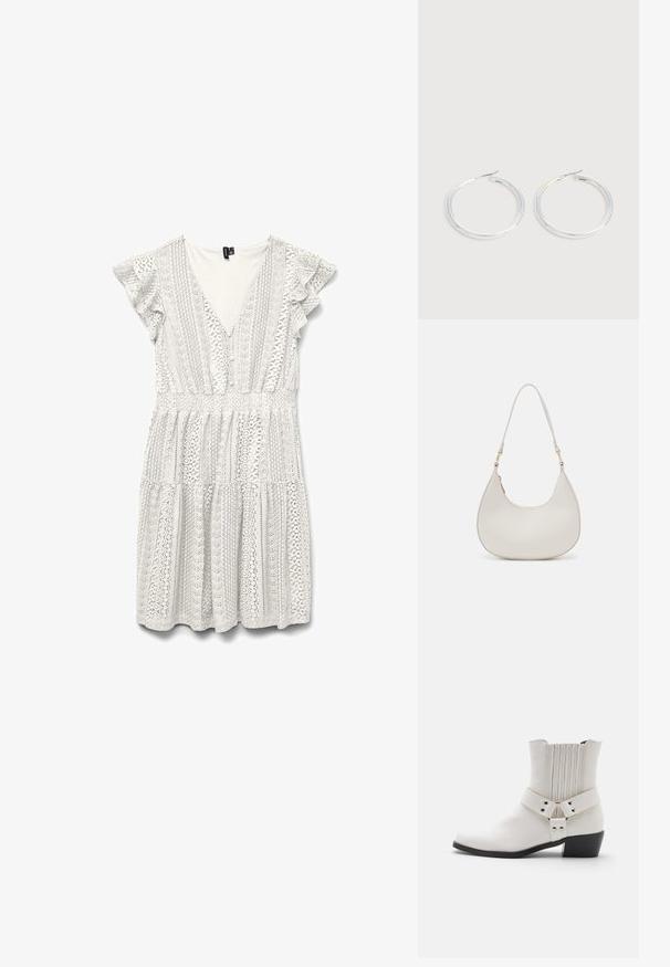 Vestido blanco con mangas cortas fruncidas, con intrincados patrones de encaje y escote en V profundo. La cintura fruncida conduce a una falda de volantes.; Botín de cuero blanco hasta el tobillo con punta ligeramente afilada, detalle fruncido en la parte posterior y una amplia correa con herraje de hebilla alrededor del tobillo.; Bolso de hombro de cuero crema con forma de media luna, correa delgada y sutil detalle de costuras. Diseño minimalista con acentos de hardware en tono dorado.; Pareja de pendientes de aro plateados brillantes con cierres de alambre delgado, mostrados sobre un fondo gris claro.
