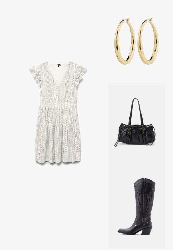 Vestido blanco con mangas cortas fruncidas, con intrincados patrones de encaje y escote en V profundo. La cintura fruncida conduce a una falda de volantes.; Botas vaqueras de cuero negro con puntera puntiaguda, costuras visibles, detalles de tachuelas plateadas y cierre de cremallera en el lado interior.; Bolso de mano de cuero negro con forma redondeada, asas dobles, acentos de hardware decorativo y detalles de lazo en los laterales. Textura lisa y brillante.; Pendientes de aro de oro con un acabado suave y pulido. Forma circular, con un cierre seguro en la parte superior. La superficie refleja la luz.