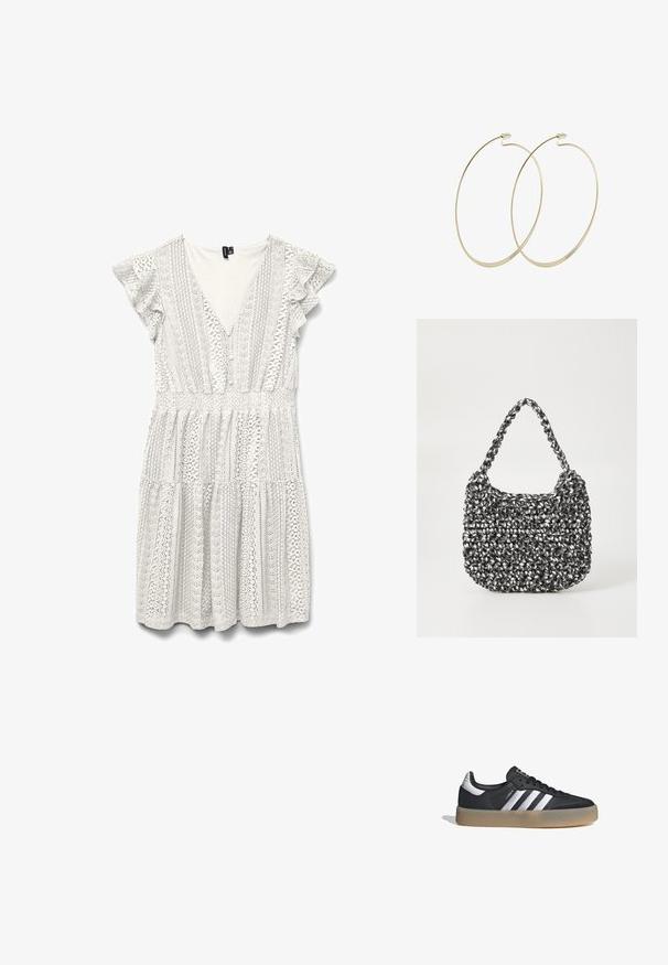 Vestido blanco con mangas cortas fruncidas, con intrincados patrones de encaje y escote en V profundo. La cintura fruncida conduce a una falda de volantes.; Zapatilla deportiva de cuero negro con tres rayas plateadas, punta texturizada y suela de goma. Cuenta con un collar acolchado y un diseño con cordones.; Bolso de mano tejido en blanco y negro con forma redondeada, superficie texturizada y asa trenzada. Adecuado para uso casual.; Pilgrim Pendientes - gold-coloured