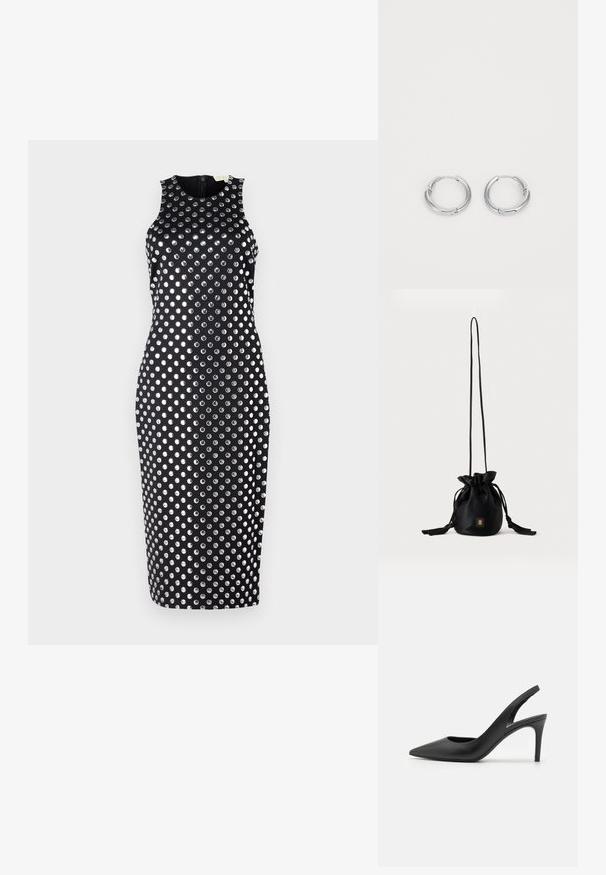 Robe sans manches noire au design ajusté, ornée de pois métalliques argentés sur l'ensemble, avec une fermeture éclair au dos.; Escarpins à talon aiguille en cuir noir, avec un design à bout pointu, présentant une découpure à l'avant et un talon fin.; Sac seau noir à cordon avec une longue sangle fine et un petit logo carré doré sur le devant, présenté sur un fond uni.; Boucles d'oreilles en argent en forme de rond, avec une finition lisse et polie. Éléments circulaires avec un petit fermoir pour la fermeture. Design minimaliste, léger.