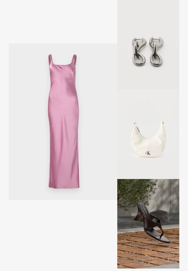 Rosa satinierter Slipdress mit quadratischem Ausschnitt, schmalen Spaghettiträgern, bodenlangem Design, glatter Textur und minimaler Ausstattung.; Braune Calvin Klein Sandalette mit Absatz und Zehensteg, schwebend über einem Boden aus Holzfliesen und Kies im Freien, mit verschwommenem Grün und Stein im Hintergrund.; Kleine weiße halbmondenförmige Handtasche mit kurzem Trageriemen, Reißverschluss und schwarzem "cK"-Logo auf der Vorderseite.; Paar silberfarbene Metallohrringe mit abstraktem ineinandergreifendem Schlaufen-Design auf weißem Hintergrund.