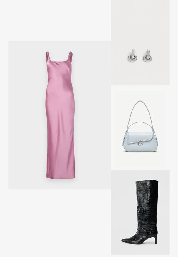 Robe longue en satin rose avec encolure carrée, fines bretelles spaghetti, design à la longueur du sol, texture lisse et peu de détails.; Bottes noires montantes, avec une texture brillante à motif crocodile, bout pointu et talon effilé. Matériau synthétique lisse.; Sac à main en cuir bleu clair avec rabat arrondi, fermoir circulaire argenté et deux bretelles d'épaule sur un fond uni.; Paire de petites boucles d'oreilles créoles argentées brillantes avec une base ronde, présentées sur un fond clair uni.