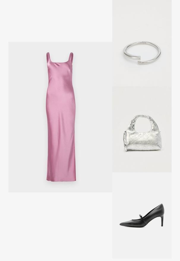 Rosa satinierter Slipdress mit quadratischem Ausschnitt, schmalen Spaghettiträgern, bodenlangem Design, glatter Textur und minimaler Ausstattung.; Schwarzer Leder-Pumps mit spitzer Zehenpartie, dünnem Riemen und Schnalle über dem Spann, stehend auf hellem neutralem Hintergrund.; Silberne Handtasche mit einem strukturierten Muster aus geometrischen Formen und Kreisen, ausgestattet mit einem abgerundeten Griff und einem abnehmbaren Schulterriemen.; Calvin Klein SPIRAL - Armband - silver-coloured