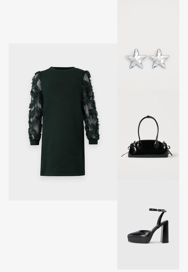 Vestido verde oscuro con cuello redondo, que presenta mangas de tela transparente adornadas con aplicaciones florales en capas. Textura suave y corte relajado.; Zapatos de tacón negro con punta afilada y correa ajustable en el tobillo. Confeccionados en cuero suave, presentan un tacón grueso.; Pequeño bolso negro brillante con dos asas largas y detalles de cordón lateral sobre un fondo claro liso.; Pendientes en forma de estrella plateada con una superficie pulida y brillante. Cada pendiente presenta cinco puntas y sutiles detalles de textura en la superficie.