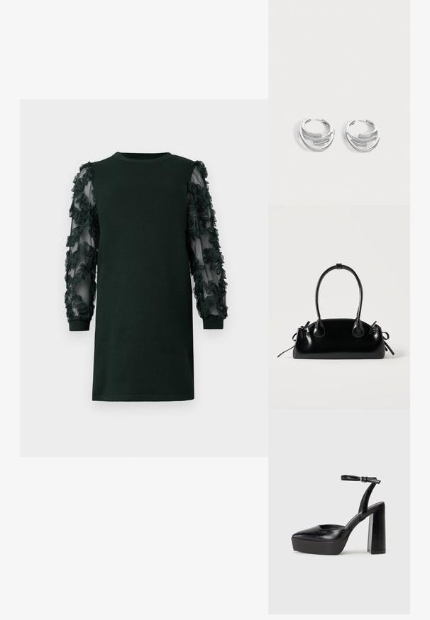 Vestido verde oscuro con cuello redondo, que presenta mangas de tela transparente adornadas con aplicaciones florales en capas. Textura suave y corte relajado.; Zapatos de tacón negro con punta afilada y correa ajustable en el tobillo. Confeccionados en cuero suave, presentan un tacón grueso.; Pequeño bolso negro brillante con dos asas largas y detalles de cordón lateral sobre un fondo claro liso.; Par de pendientes de aro plateados pulidos con diseño de barra curva en capas sobre un fondo claro y liso.