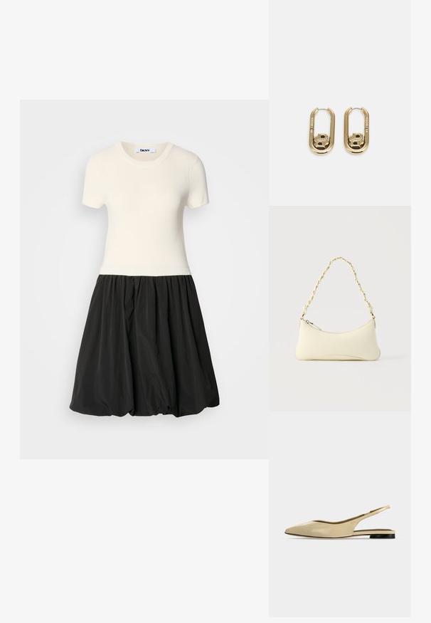 Elfenbeinfarbener, gerippter Oberteil mit kurzen Ärmeln und einem schwarzen Ballonrock. Das Kleid hat ein tailliertes Oberteil und einen voluminösen, strukturierten Unterteil.; Beiger Slingback-Ballerina mit spitzer Kappe, niedrigem schwarzem Absatz und glattem Lederfinish, seitlich auf einfarbigem Hintergrund gezeigt.; Kleine handtasche in Cremefarben mit geschwungener Form und geflochtenem, goldfarbenem Kettenhenkel, Reißverschluss oben; BOSS DOUBLE B SWING - Ohrringe - gold-coloured