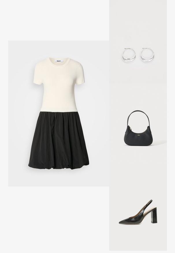 Elfenbenfarvet ribbet top med korte ærmer og en sort ballon-nederdel. Kjolen har en tætsiddende overdel og en voluminøs, tekstureret nederdel.; Sort læder peep-toe slingback sko med høj blokhæl og beige indvendig foring mod en ensfarvet lys baggrund.; Sort læder skuldertaske med buet form, gyldent lynlås og lille gyldent logo foran, isoleret på lys baggrund.; Sølv hoops øreringe med en poleret overflade og DKNY branding, præsenteret mod en simpel hvid baggrund.