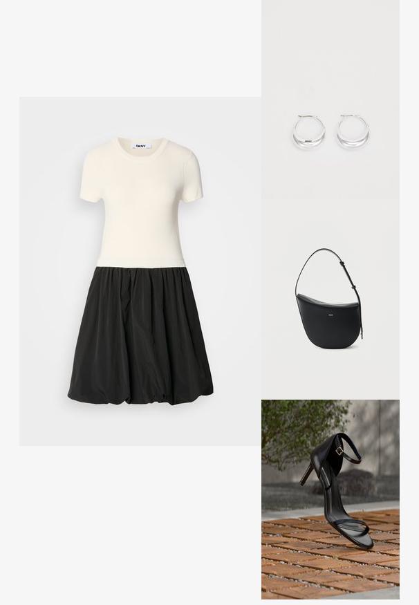 Elfenbeinfarbener, gerippter Oberteil mit kurzen Ärmeln und einem schwarzen Ballonrock. Das Kleid hat ein tailliertes Oberteil und einen voluminösen, strukturierten Unterteil.; Schwarze Sandalette mit hohem Absatz und Knöchelriemen schwebt über einem Holzboden im Freien vor verschwommenem Grün und Steinhintergrund.; Schwarze halbmondförmige Lederschultertasche mit verstellbarem Schulterriemen und goldenem "BOSS"-Logo mittig vorne.; Silberne Creolen mit glänzender Oberfläche und DKNY-Logo, vor einem schlichten weißen Hintergrund präsentiert.