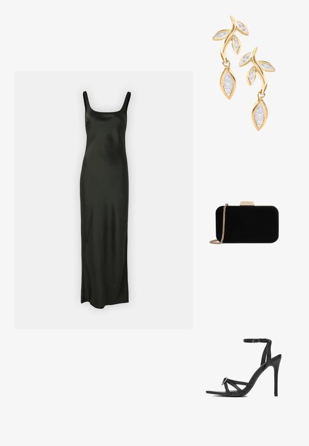Samsøe Samsøe SUNNA DRESS - Maksikleit - black; Mustad õhukeste rihmadega kõrge kontsaga sandaal, millel on õhuke pahkluu rihm, terav nina ja esiküljel kaunistav litrite detail. Sile nahk.; Mustvalgest sametist kott kuldtooni detailidega, ristküliku kujuga ja kettstrapiga, omades siledat tekstuuri ega nähtavaid mustreid.; DIAMANT L'ÉTERNEL Kõrvarõngad - gold coloured