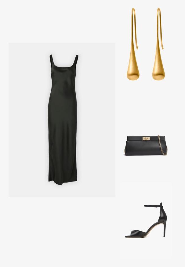 Samsøe Samsøe SUNNA DRESS - Maxikleid - black; Schwarze Sandale mit hohem Absatz, Knöchelriemen, offenem Zehenbereich und schlankem Stilettoabsatz auf weißem Hintergrund.; Schwarze Clutch aus Leder mit goldfarbenem Metall-Drehverschluss und passendem goldfarbenem Ketten-Schulterriemen.; Goldfarbene Tropfohrringe mit einer schlanken, länglichen Tropfenform, einer gebürsteten Oberfläche und Drahthaken für einfaches Tragen.