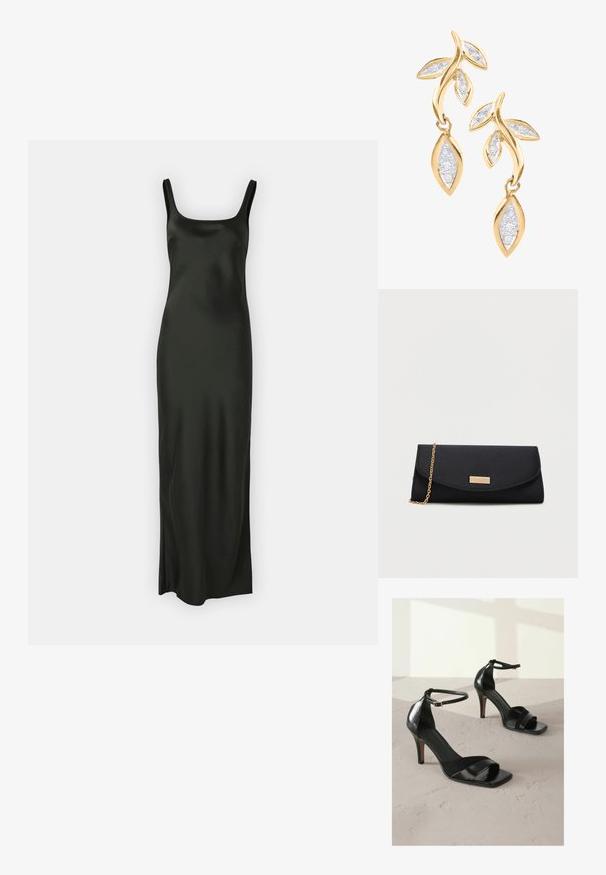 Samsøe Samsøe SUNNA DRESS - Maxi šaty - black; Next REGULAR FIT - SIGNATURE - Sandále na vysokom opätku - black; Čierna obálková kabelka s zlatým reťazovým popruhom a malou zlatou obdĺžnikovou logom na prednej chlope.; DIAMANT L'ÉTERNEL Náušnice - gold coloured