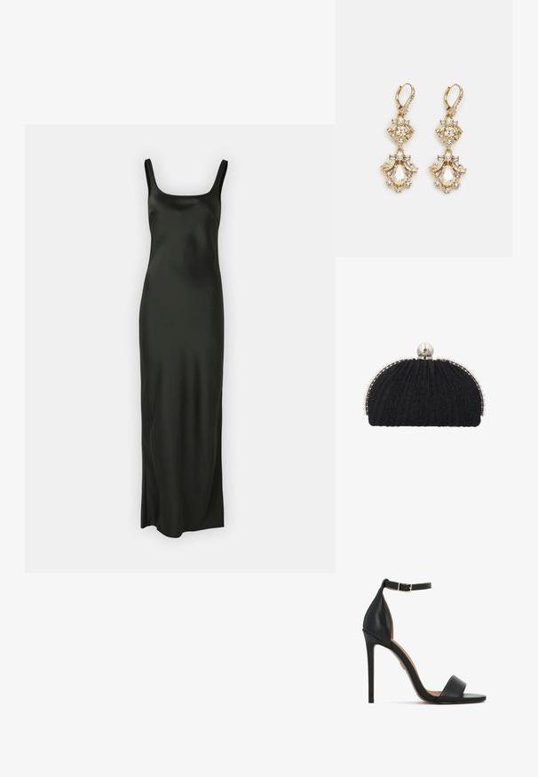 Samsøe Samsøe SUNNA DRESS - Maxikleid - black; Schwarzer Leder-Sandalette mit hohem Absatz, schmalem Knöchelriemen, offenem Zehendesign und elegantem Stiletto-Absatz. Glatte Textur mit minimalen Akzenten.; Schwarze Abend-Clutch mit strukturiertem Stoff, eingefasst von einer Reihe kleiner Perlen und einem großen Perlenverschluss oben.; Ohrringe mit Gold-Finish im Design eines Clusters, das runde und tropfenförmige klare Kristalle zeigt und aufwendige Details präsentiert.
